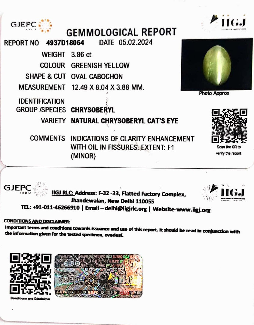 3.86/CT Natural Chrysoberyl Cat's Eye with Govt. Lab Certificate (8991)