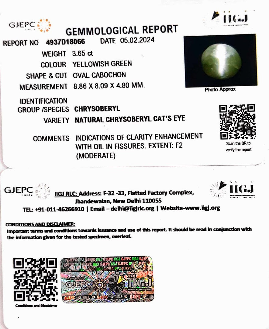 3.65/CT Natural Chrysoberyl Cat's Eye with Govt. Lab Certificate (6771)