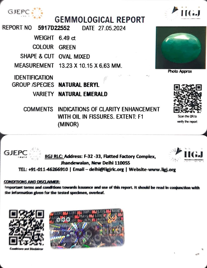 6.49/CT Natural Panna Stone with Govt. Lab Certificate-1665