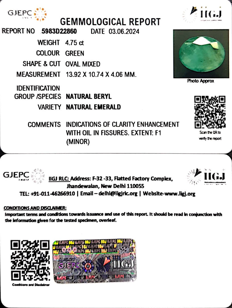 4.75/CT Natural Panna Stone with Govt. Lab Certificate-2331