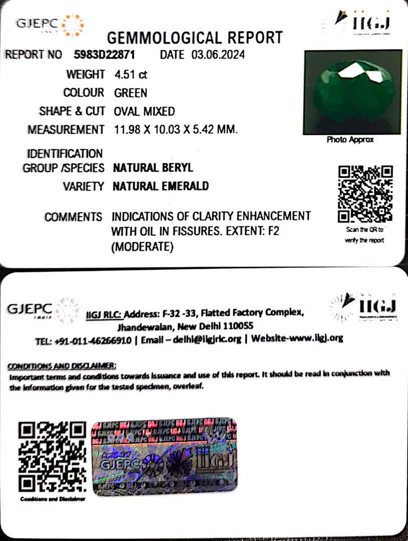 4.51/CT Natural Panna Stone with Govt. Lab Certificate-4551