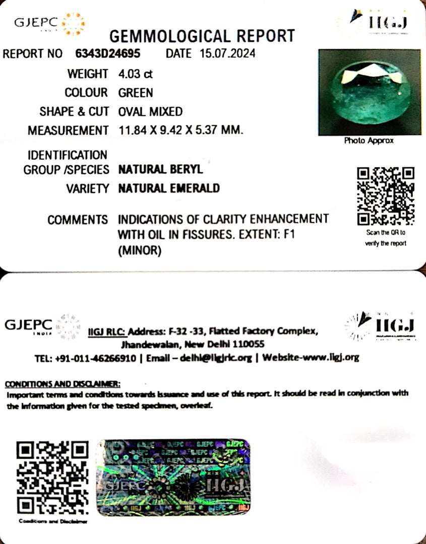 4.03/CT Natural Panna Stone with Govt. Lab Certificate-34410