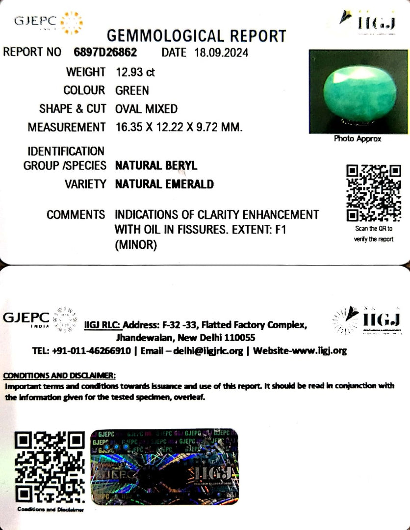 12.93/CT Natural Panna Stone with Govt. Lab Certificate-1665