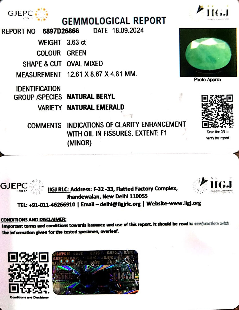 3.63/CT Natural Panna Stone with Govt. Lab Certificate-2331