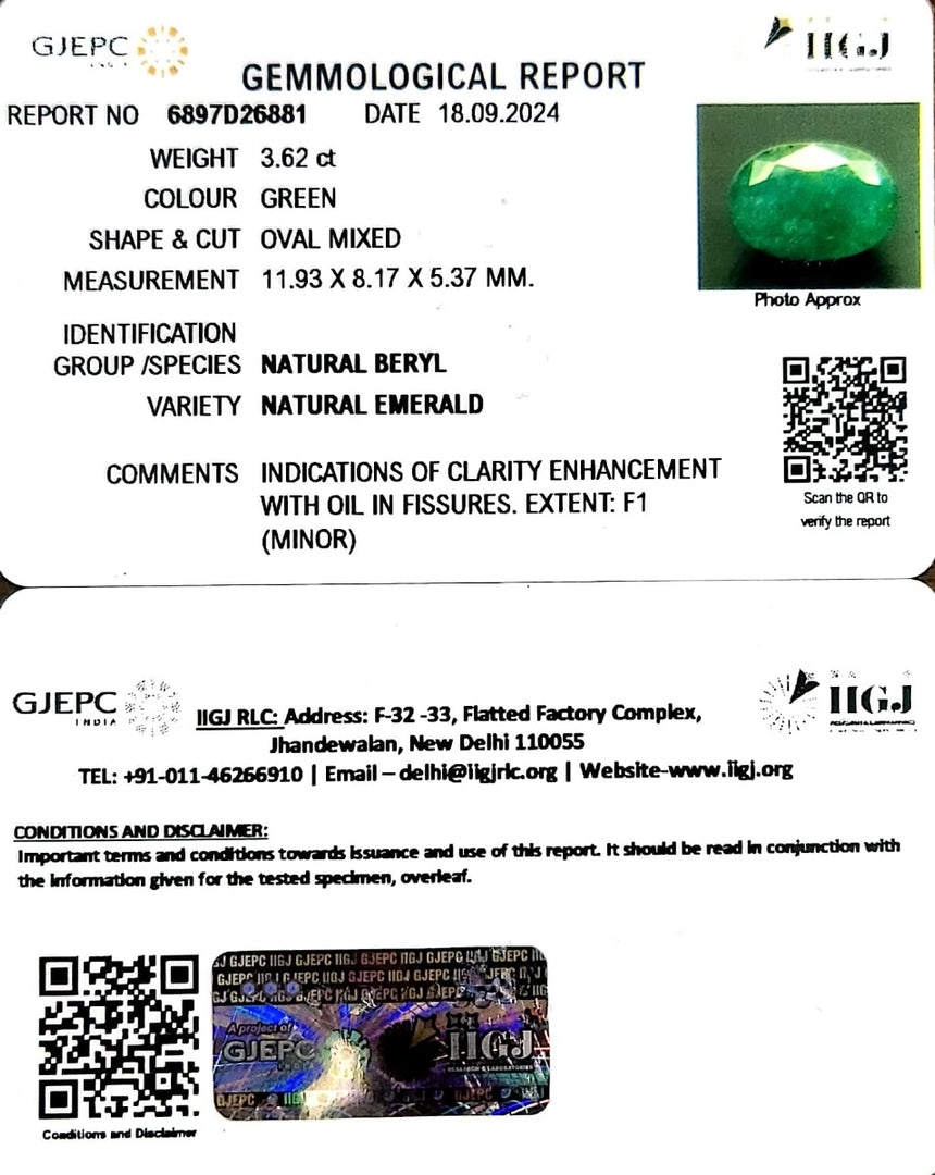 3.62/CT Natural Panna Stone with Govt. Lab Certificate-3441