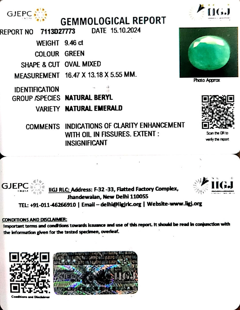 9.50/CT Natural Panna Stone with Govt. Lab Certificate-3441