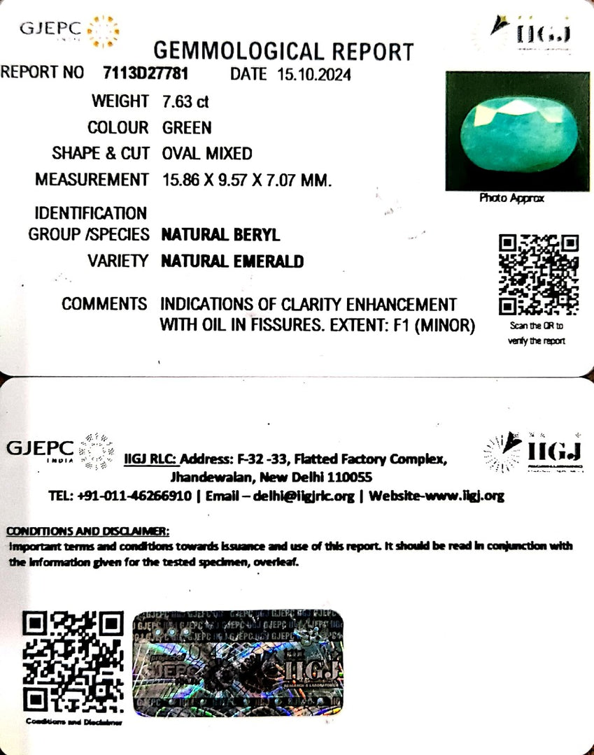 7.63/CT Natural Panna Stone with Govt. Lab Certificate-6771