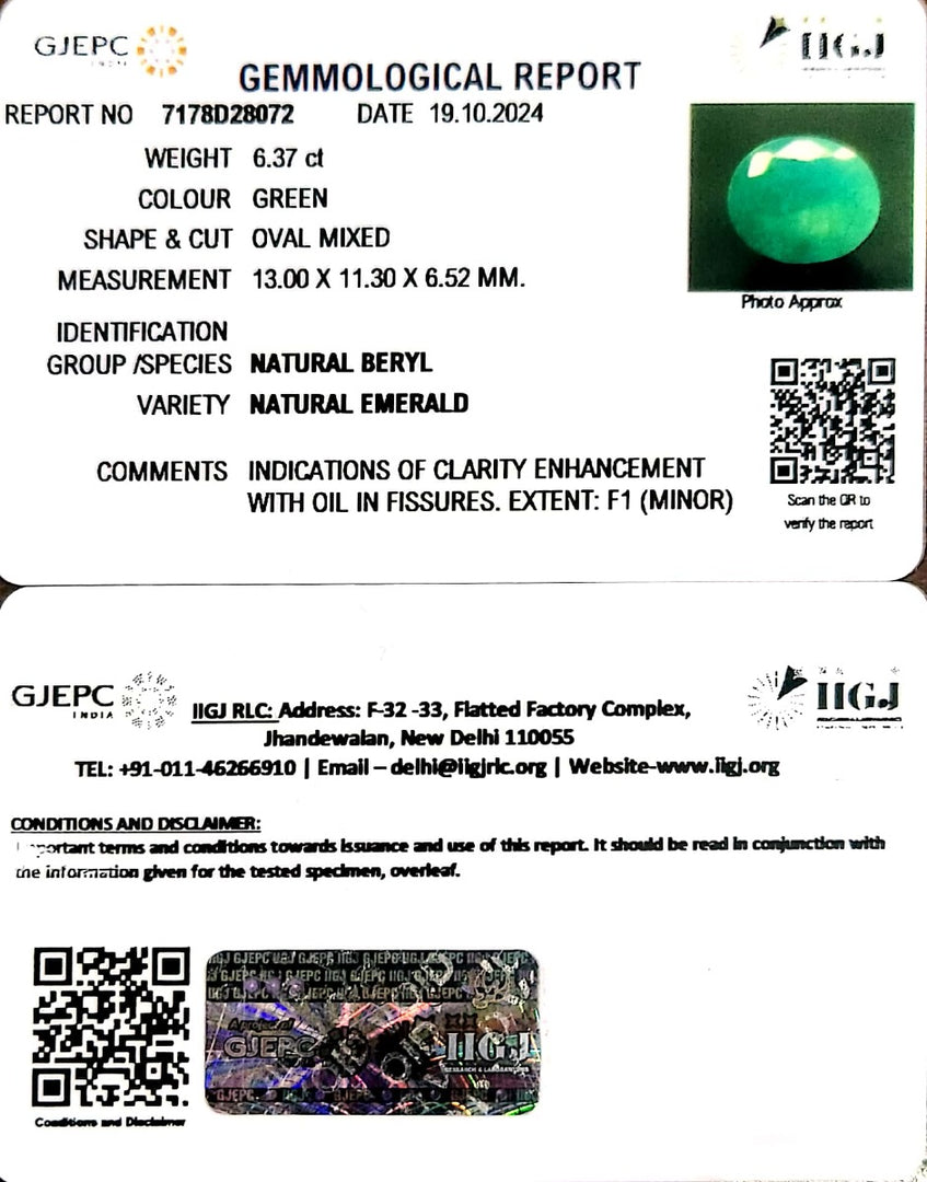 6.37/CT Natural Panna Stone with Govt. Lab Certificate-2331