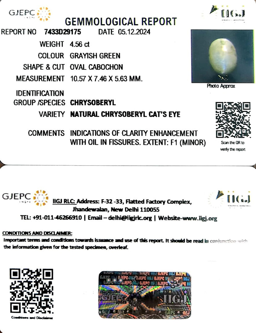 4.56/CT Natural Chrysoberyl Cat's Eye with Govt. Lab Certificate-3441