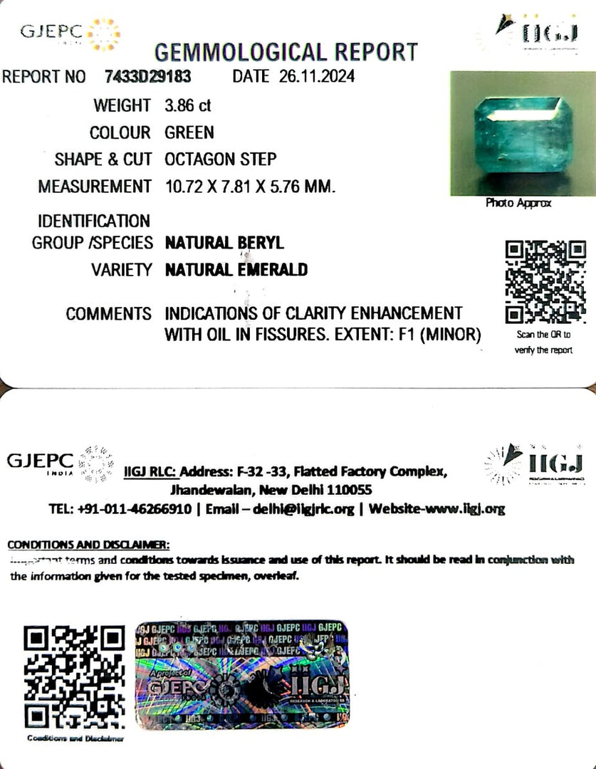 3.86/CT Natural Panna Stone with Govt. Lab Certificate-34410