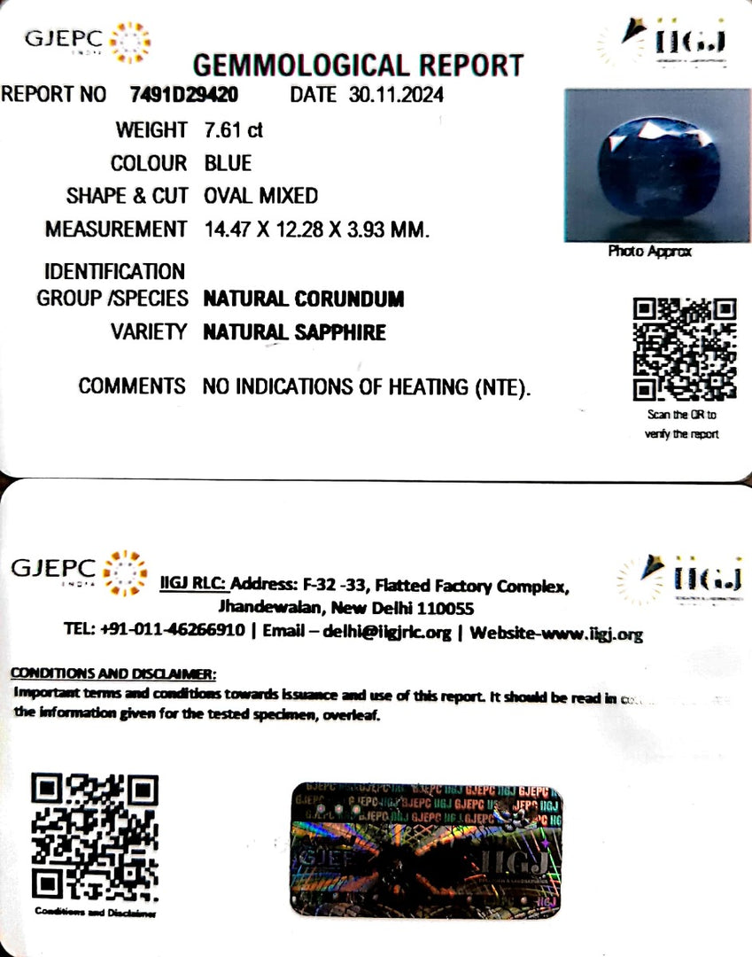 7.61/CT Natural Blue Sapphire with Govt Lab Certificate-2331