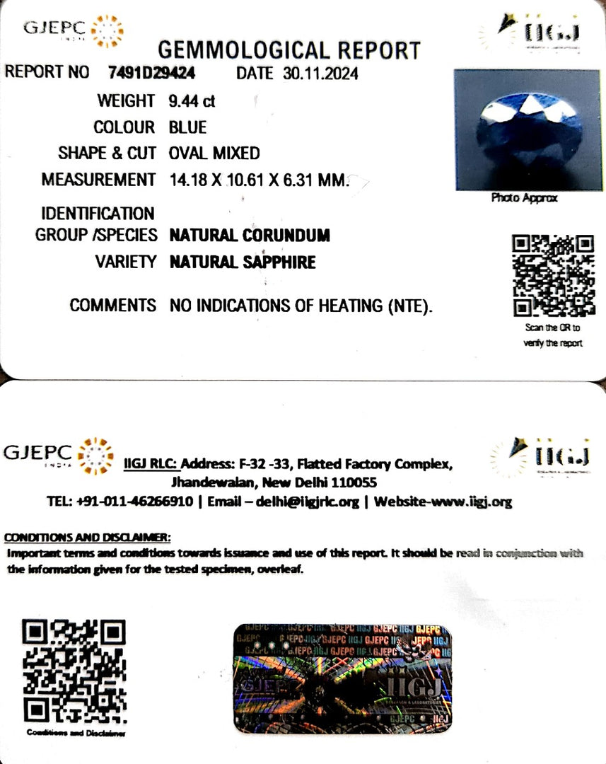9.44/CT Natural Blue Sapphire with Govt Lab Certificate-2331