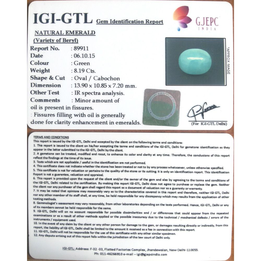 9.10 Ratti Natural Panna Stone with Govt. Lab Certificate (3441)