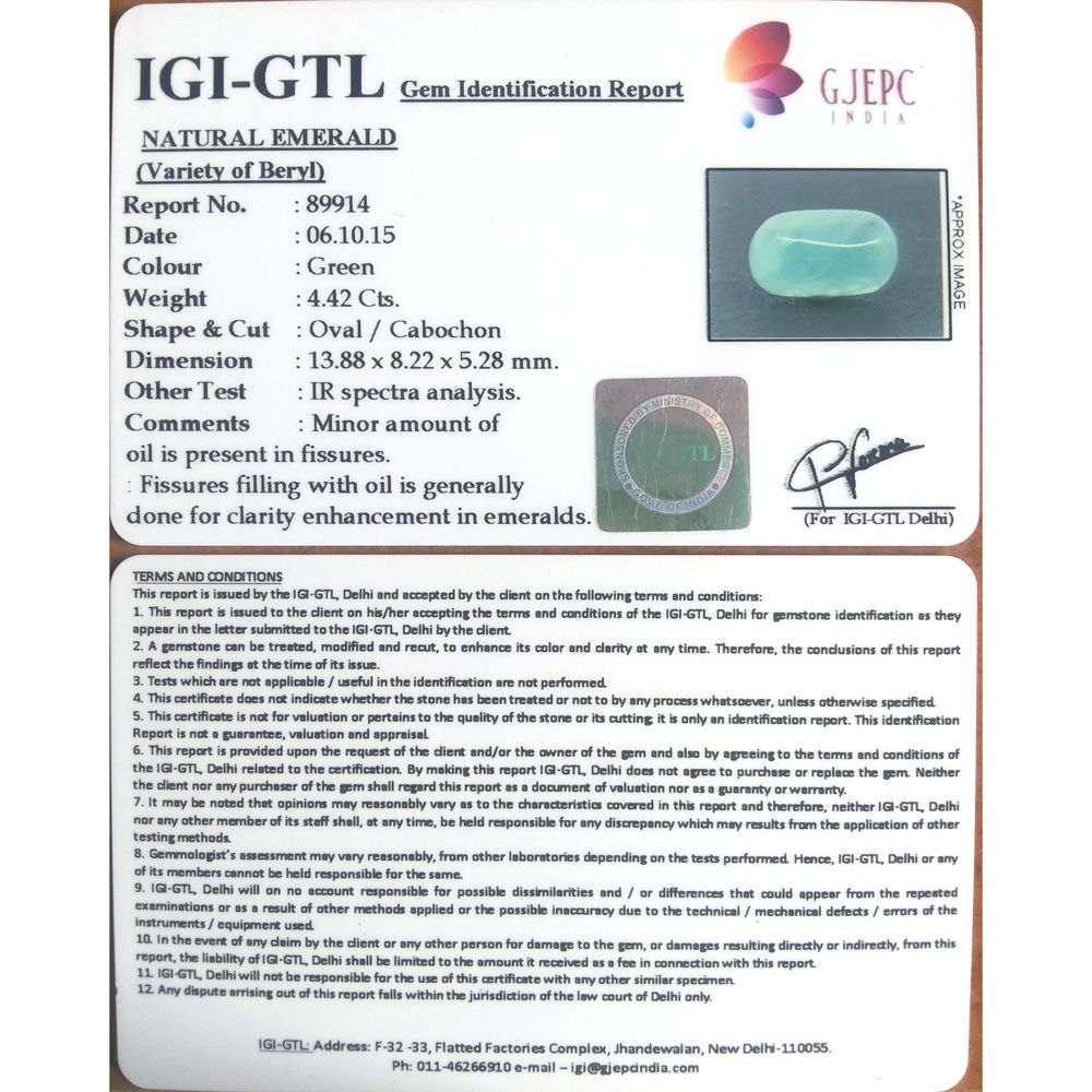 4.91 Ratti Natural Panna Stone with Govt. Lab Certificate (3441)