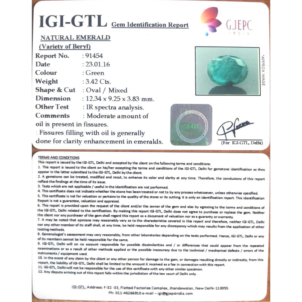 3.42/CT Natural Emerald Stone with Govt. Lab Certificate (12210)