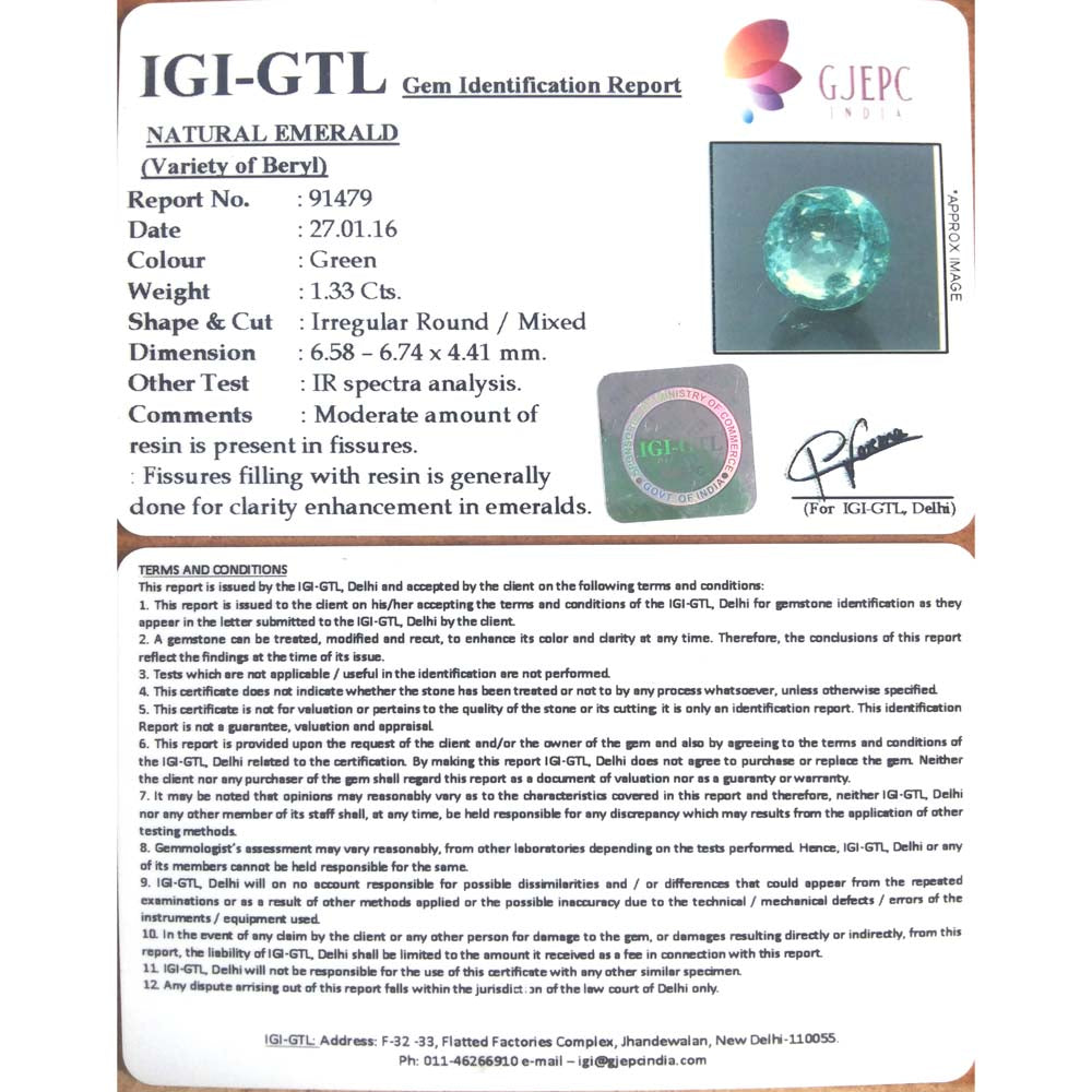 1.47 Ratti Natural Panna Stone with Govt. Lab Certificate (34410)