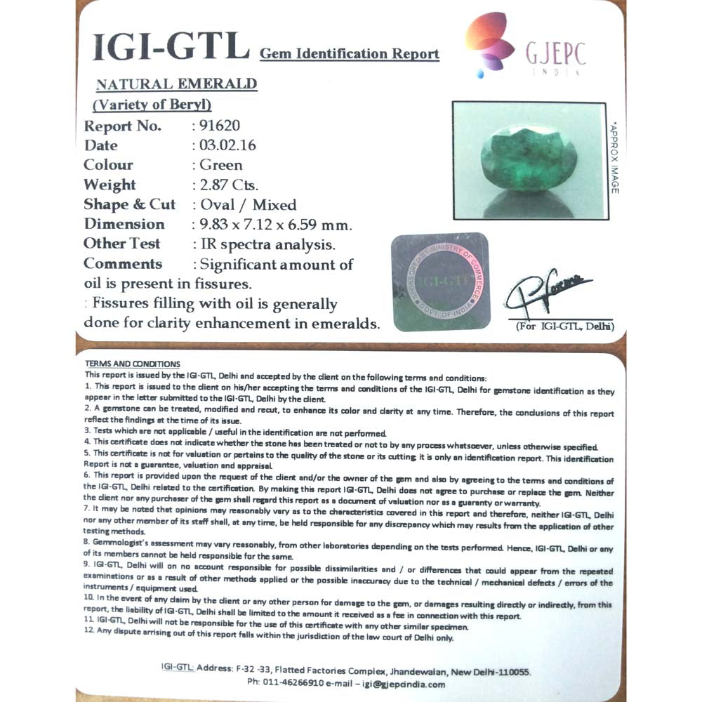 2.87/CT Natural Emerald Stone with Govt. Lab Certificate  (12210)