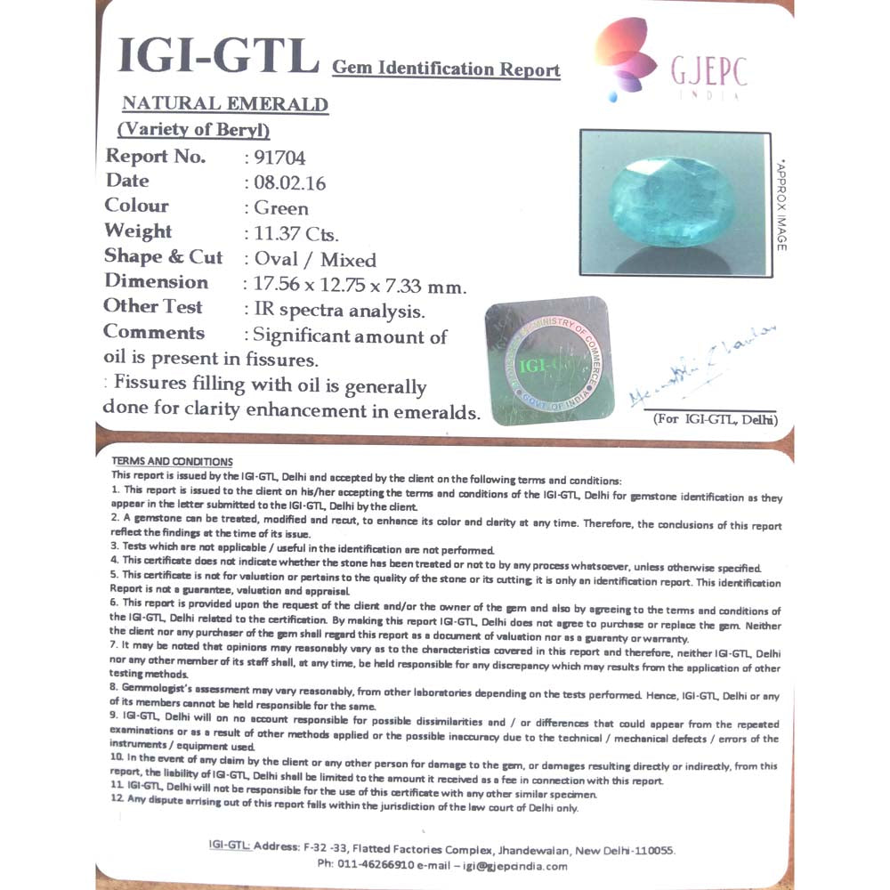 11.37/CT Natural Panna Stone with Govt. Lab Certificate (8991)