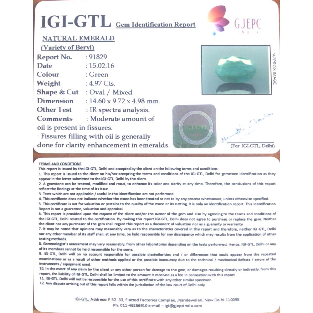 4.97/CT Natural Panna Stone with Govt. Lab Certificate (4551)