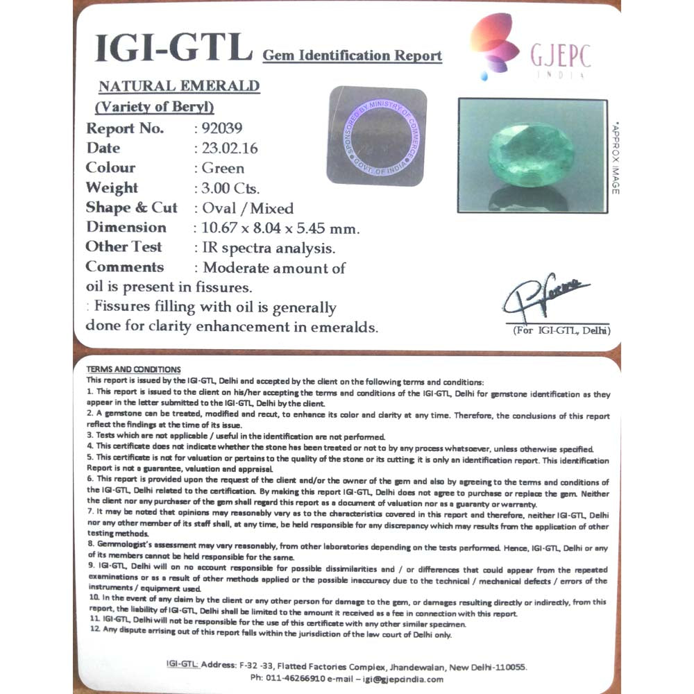 3.33 Ratti Natural Panna Stone with Govt. Lab Certificate (34410)