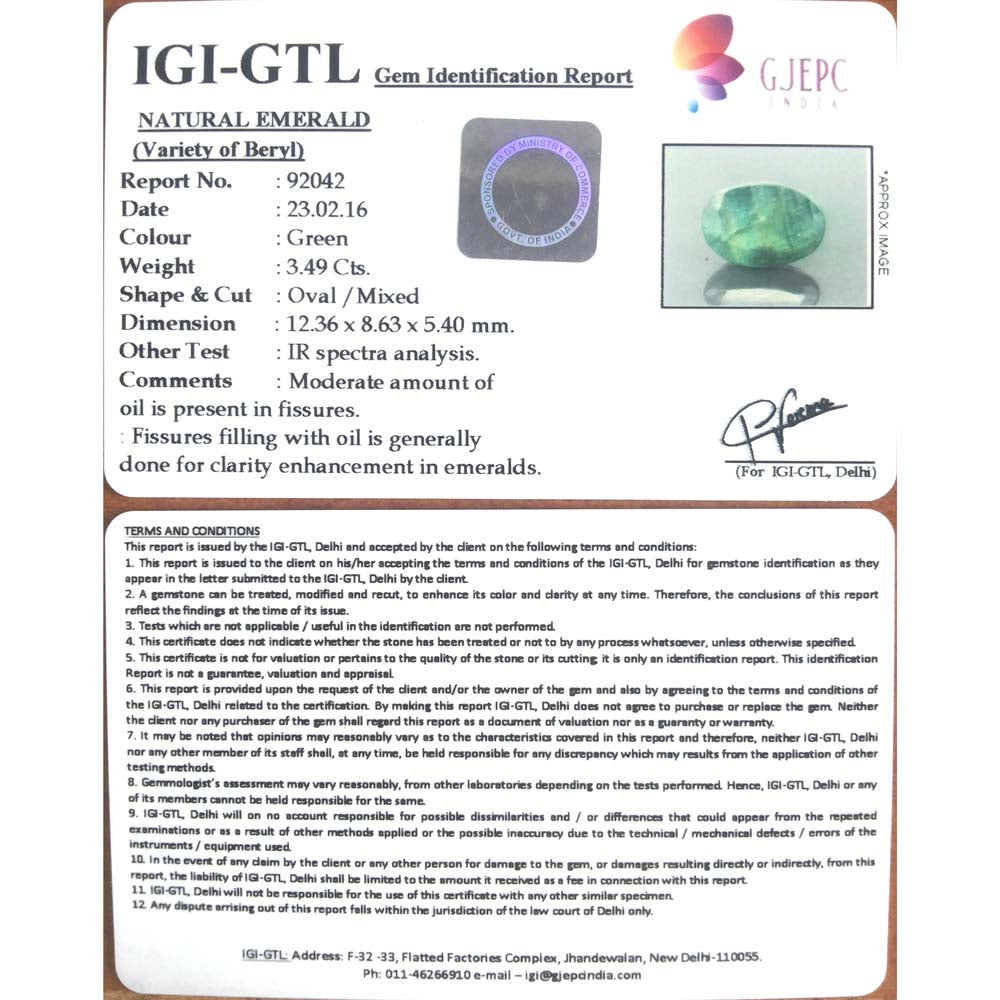 3.49/CT Natural Panna Stone with Govt. Lab Certificate (6771)