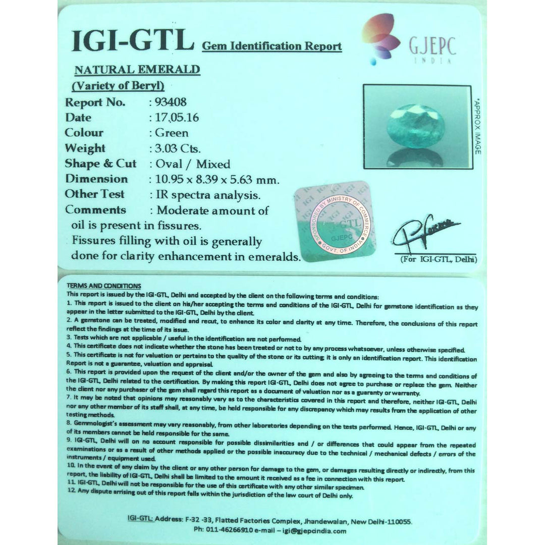 3.03/CT Natural Emerald Stone with Govt. Lab Certificate  (12210)