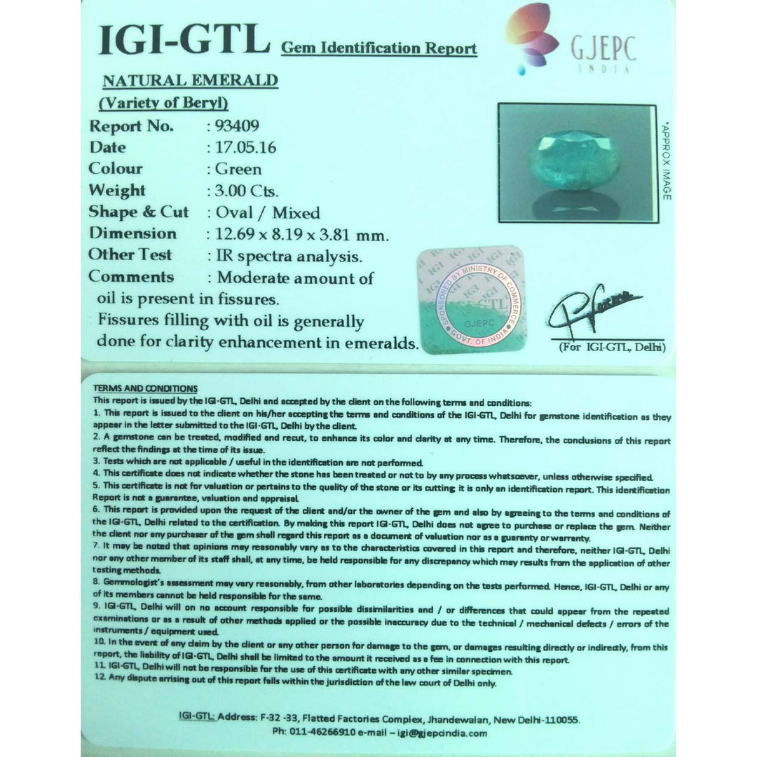 3.00/CT Natural Emerald Stone with Govt. Lab Certificate (12210)