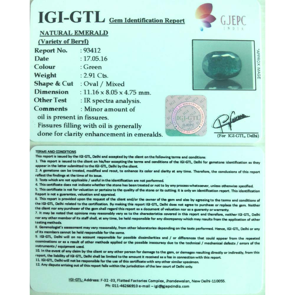 2.91/CT Natural Emerald Stone with Govt. Lab Certificate (12210)