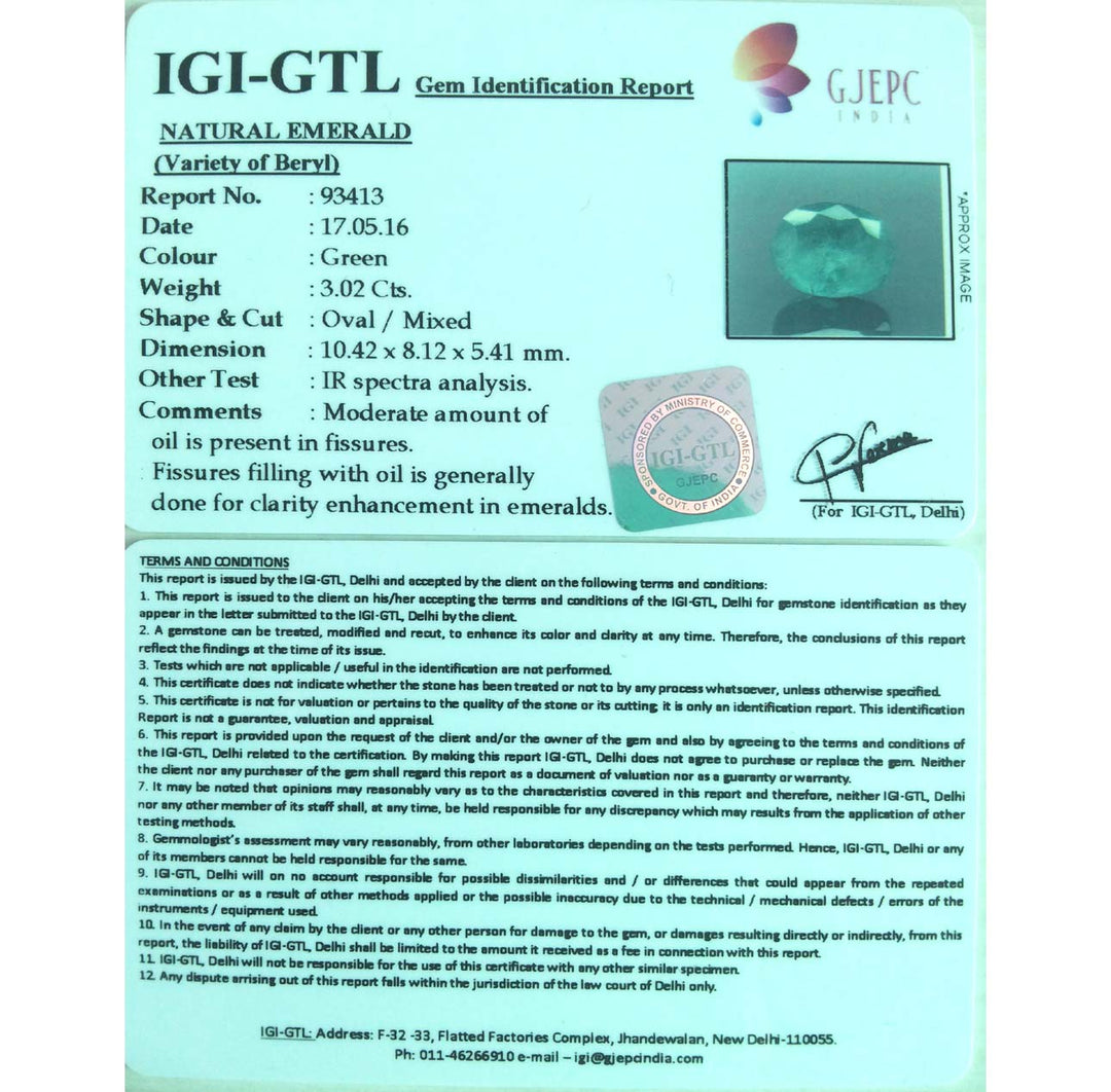 3.02/CT Natural Emerald Stone with Govt. Lab Certificate (12210)