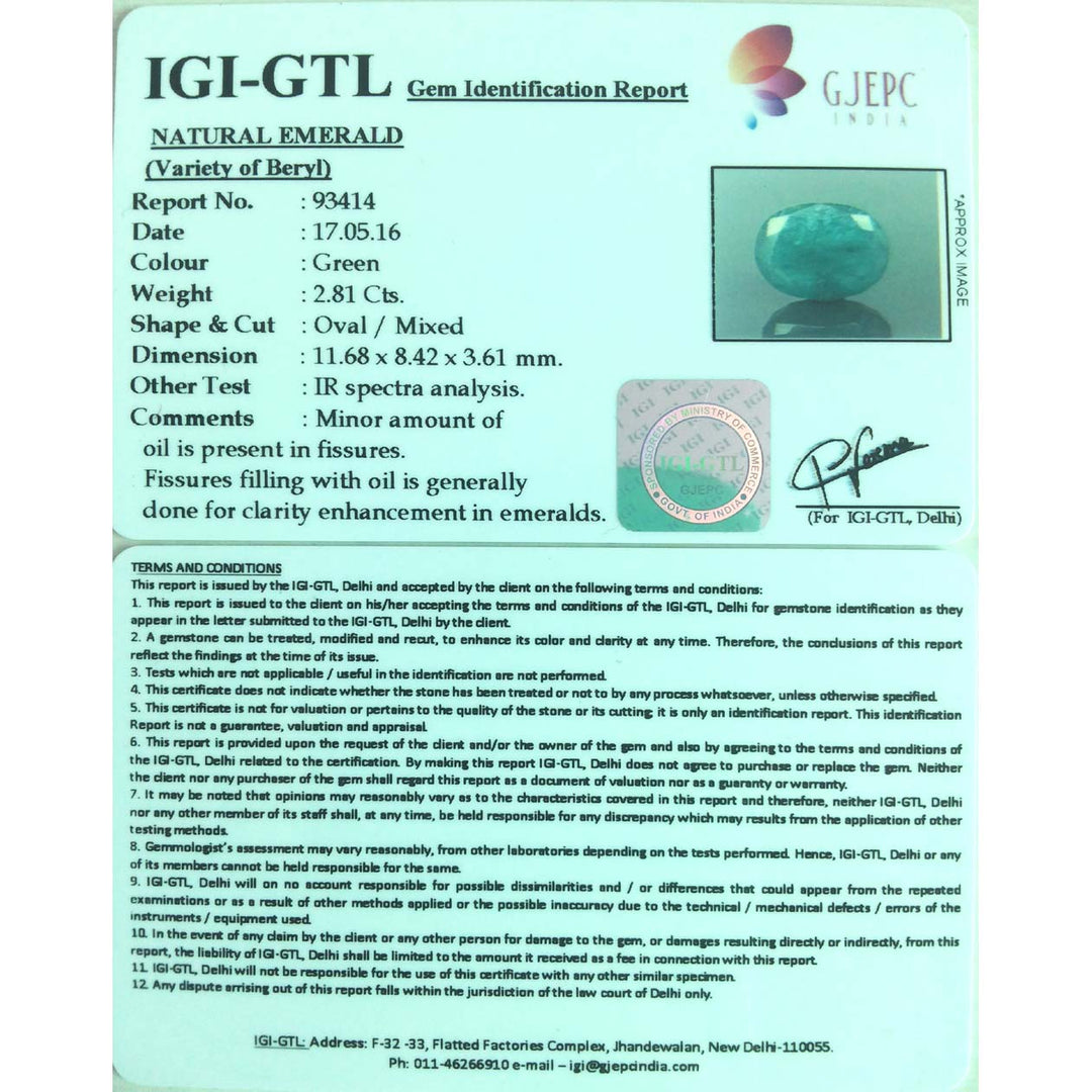 2.81/CT Natural Emerald Stone with Govt. Lab Certificate  (12210)