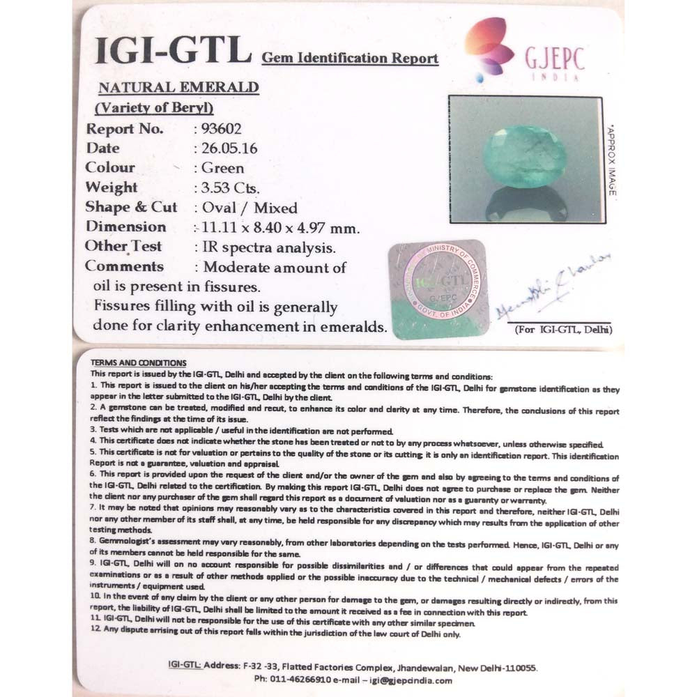 3.53/CT Natural Panna Stone with Govt. Lab Certificate (6771)