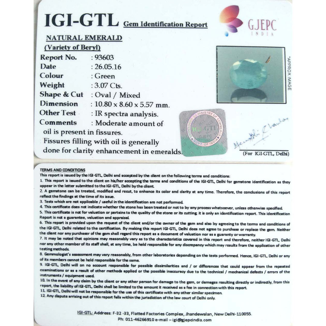 3.07/CT Natural Panna Stone with Govt. Lab Certificate (6771)