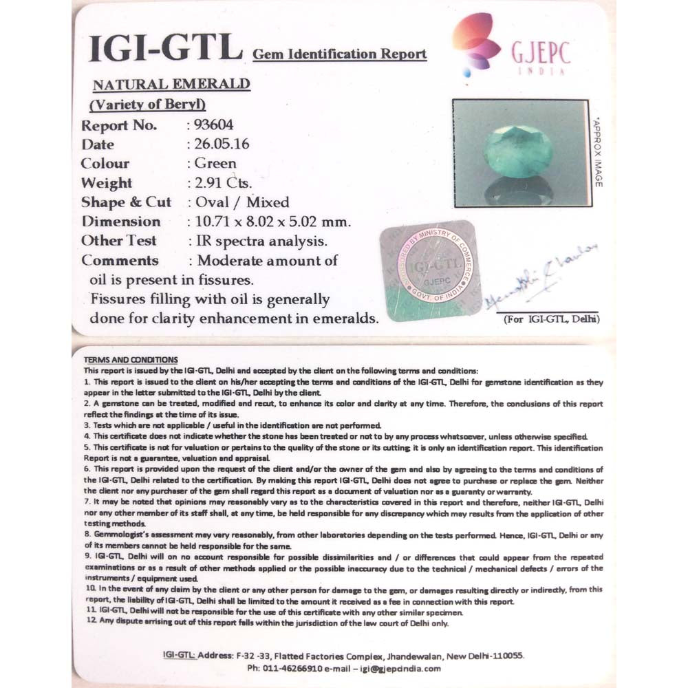 2.91/CT Natural Panna Stone with Govt. Lab Certificate (6771)