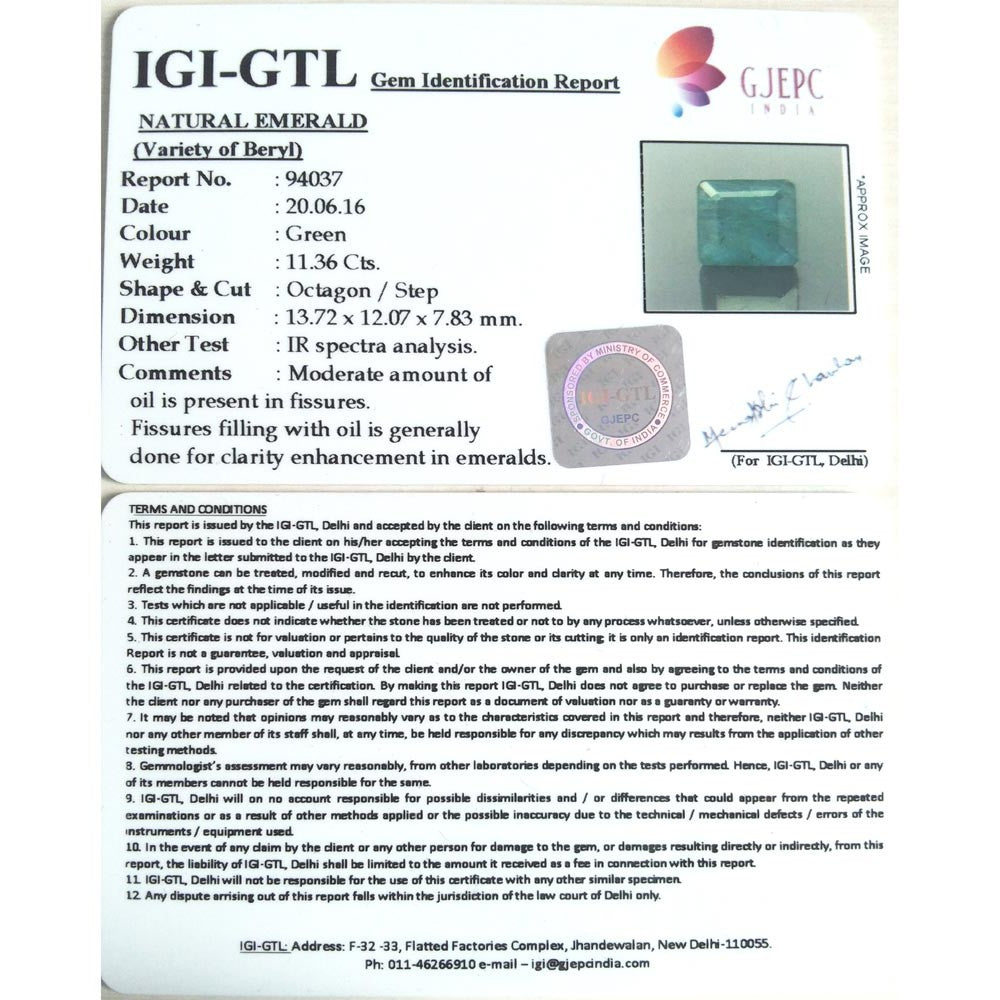 11.36/CT Natural Panna Stone with Govt. Lab Certificate (12210)