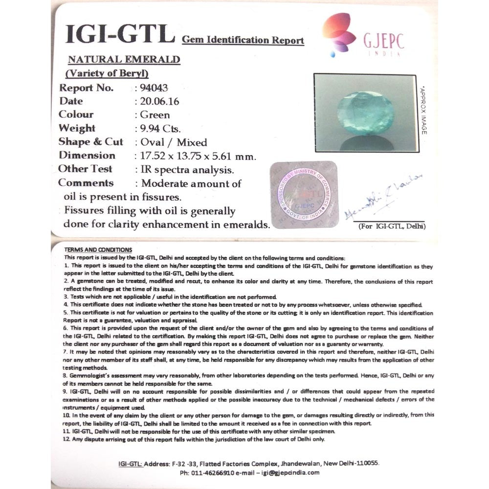 9.9/CT Natural Panna Stone with Govt. Lab Certificate  (12210)