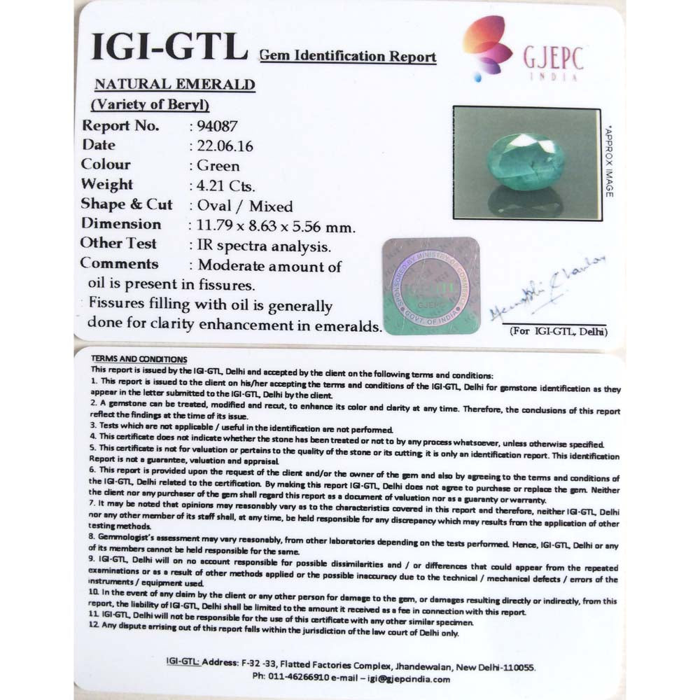 4.21/CT Natural Panna Stone with Govt. Lab Certificate (6771)