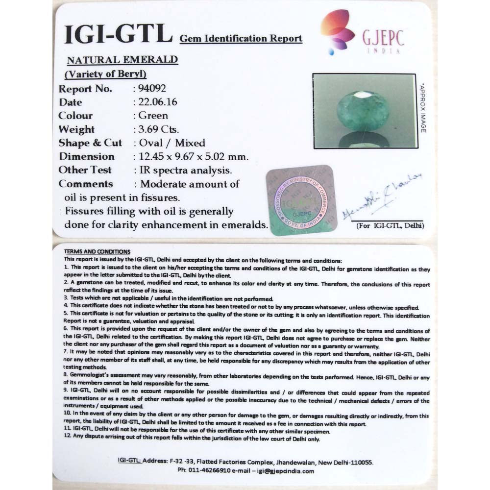 3.69/CT Natural Panna Stone with Govt. Lab Certificate -(6771)