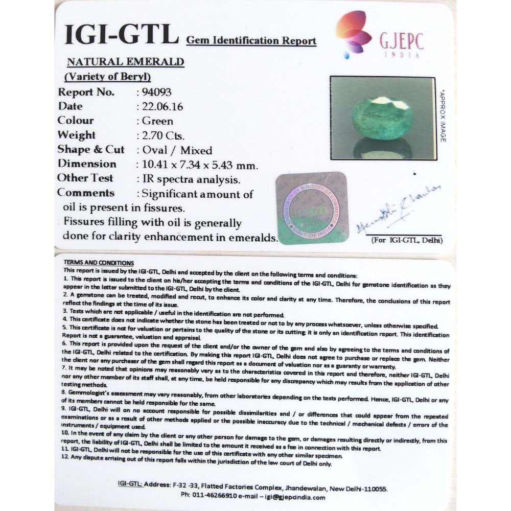 2.70/CT Natural Panna Stone with Govt. Lab Certificate (6771)