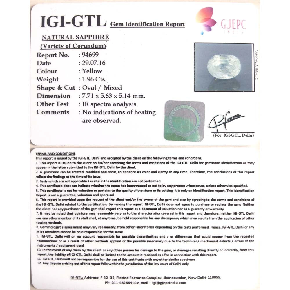 2.18 Ratti  yellow sapphire with Govt Lab Certificate-(8100)