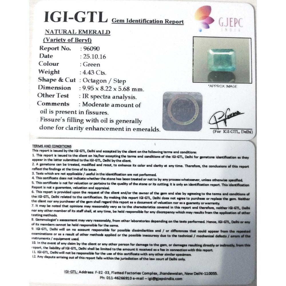 4.43/CT Natural Panna Stone with Govt. Lab Certificate (6771)