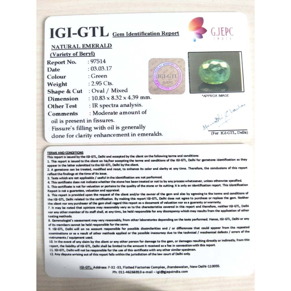 2.95/CT Natural Panna Stone with Govt. Lab Certificate (6771)