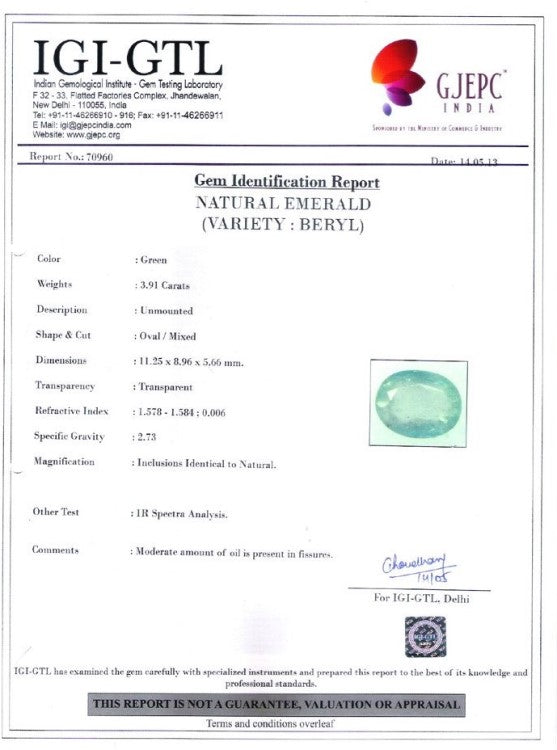 3.91/CT Natural Emerald Stone with Govt. Lab Certificate-23310