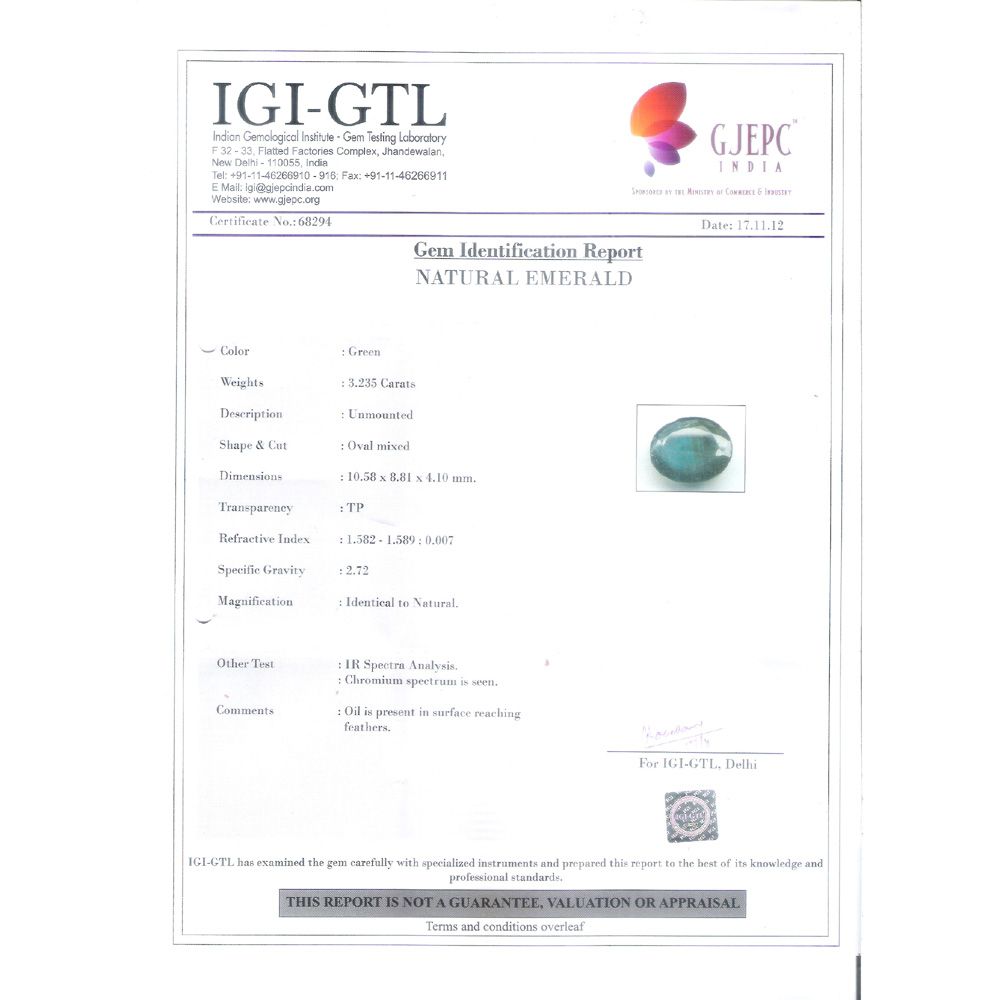 3.23/CT Natural Panna Stone with Govt. Lab Certificate (6771)