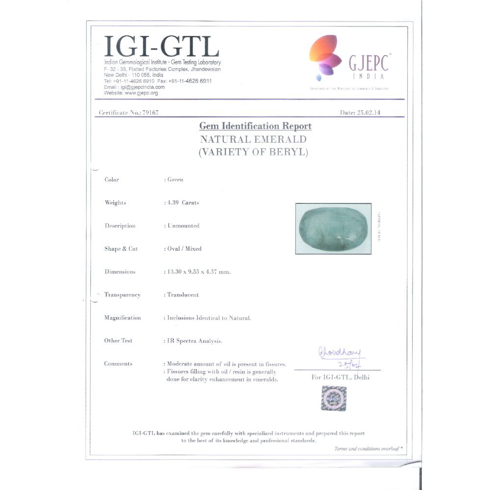 4.39/CT Natural Panna Stone with Govt. Lab Certificate (4551)