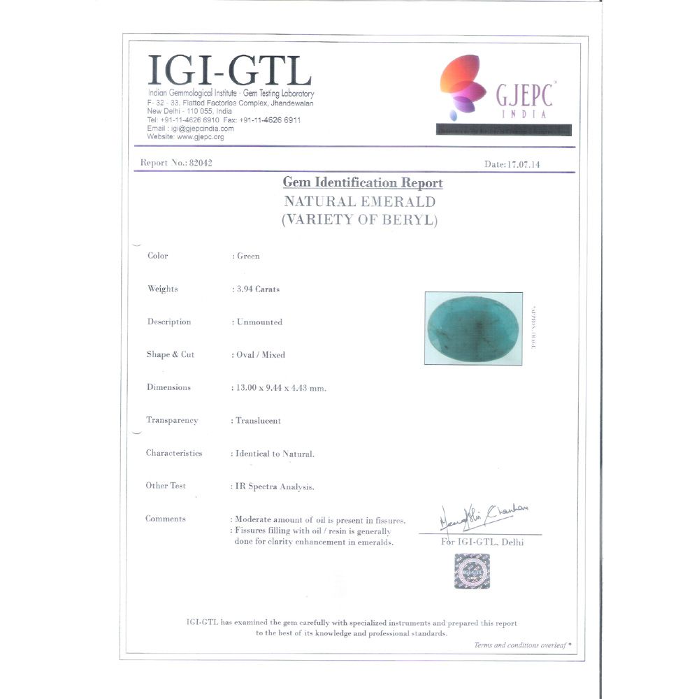 3.94/CT Natural Panna Stone with Govt. Lab Certificate (4551)