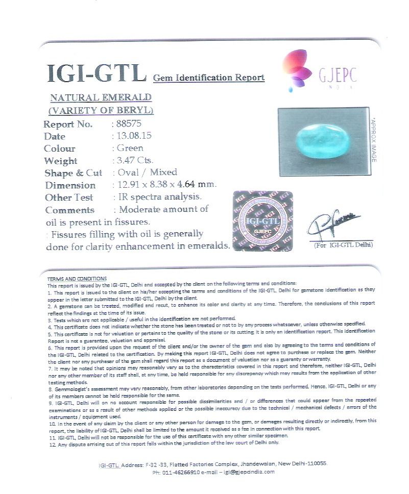 3.47/CT Natural Panna Stone with Govt. Lab Certificate (4551)