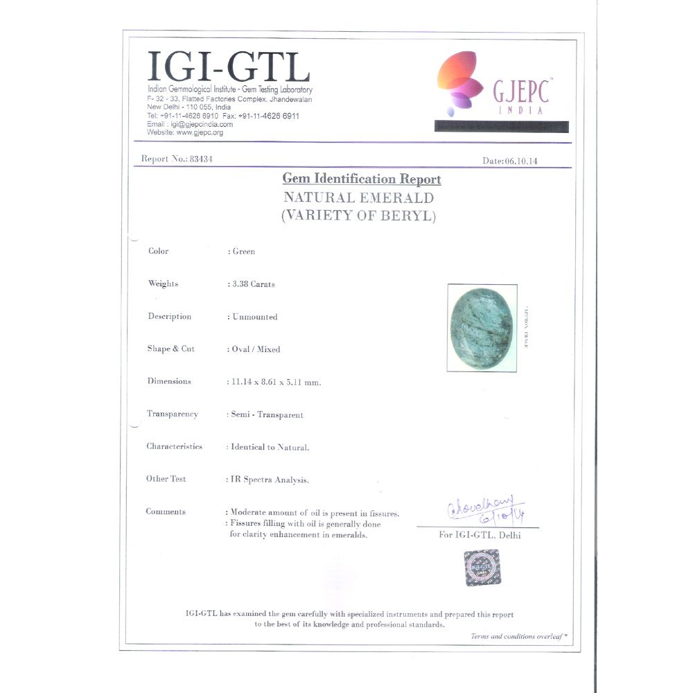 3.76 Ratti Natural Panna Stone with Govt. Lab Certificate (8100)