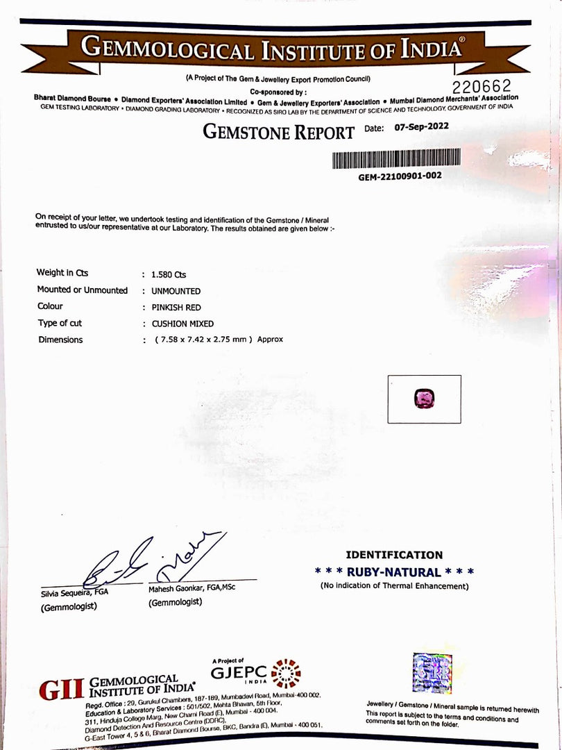 1.58/CT Natural Mozambique Ruby with Govt. Lab Certificate-RUBY9Y